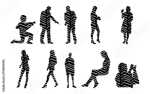 Vector illustration, Outline silhouettes of people, Contour drawing, people silhouette, Icon Set Isolated , Silhouette of sitting people, Architectural set