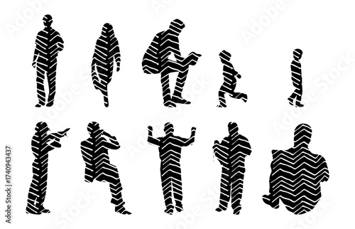 Vector illustration, Outline silhouettes of people, Contour drawing, people silhouette, Icon Set Isolated , Silhouette of sitting people, Architectural set