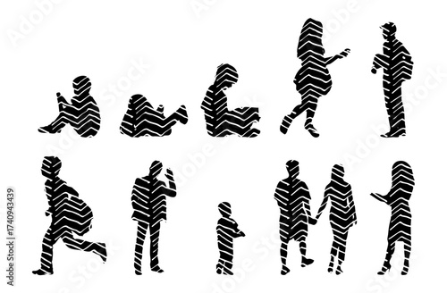 Vector illustration, Outline silhouettes of people, Contour drawing, people silhouette, Icon Set Isolated , Silhouette of sitting people, Architectural set
