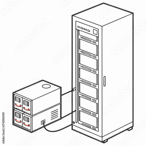 Vector art of isometric illustration showcasing a server rack connected to a battery backup system, , highlighting data center infrastructure and power redundancy solutions
