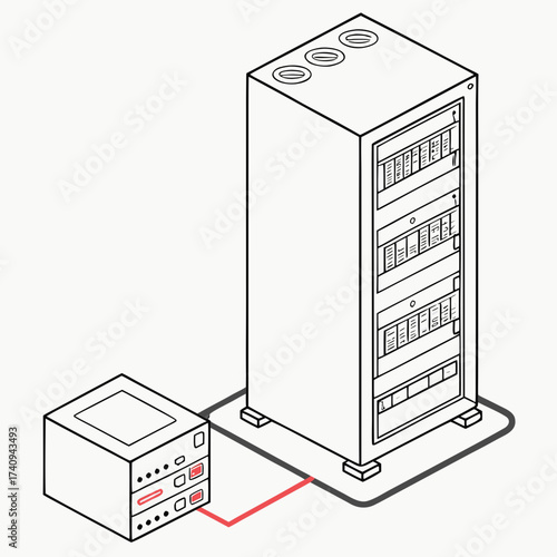 Vector art of isometric illustration depicting a server rack connected to a ups system, , showcasing data center infrastructure and uninterruptible power supply solutions