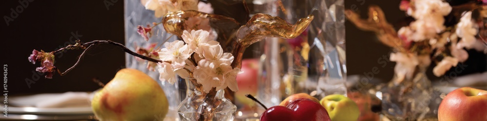 Obraz premium Close up of apples pears and flowers inside a glass vase on a table