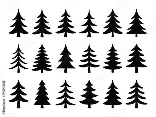 Collection of 20 black silhouette christmas trees vector illustration scalable eps icon festive design element silhouette vector illustration white background