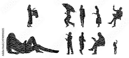Vector illustration, Outline silhouettes of people, Contour drawing, people silhouette, Icon Set Isolated , Silhouette of sitting people, Architectural set