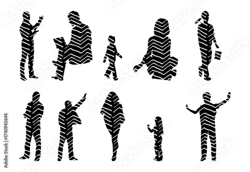 Vector illustration, Outline silhouettes of people, Contour drawing, people silhouette, Icon Set Isolated , Silhouette of sitting people, Architectural set