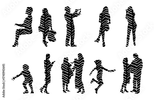 Vector illustration, Outline silhouettes of people, Contour drawing, people silhouette, Icon Set Isolated , Silhouette of sitting people, Architectural set