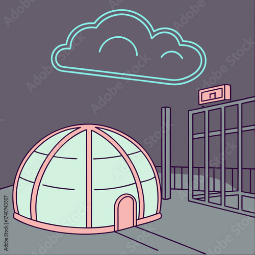 Vector art of a futuristic cityscape featuring a geodesic dome, a cloud, and modern architecture, all rendered in a neonlit, outlined style against a dark background, evoking a sense of innovation