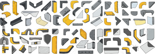 A colorful collection of various industrial parts and components in shades of yellow, gray, and black.