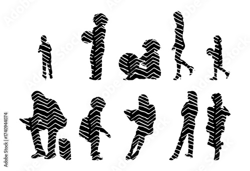 Vector illustration, Outline silhouettes of people, Contour drawing, people silhouette, Icon Set Isolated , Silhouette of sitting people, Architectural set