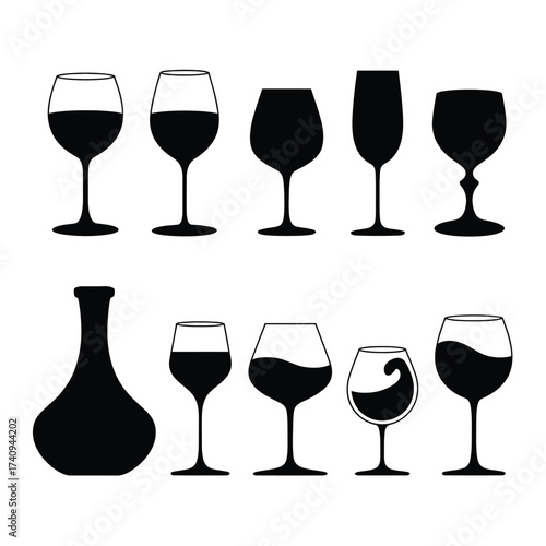 Set of 10 black silhouette illustrations of wine glasses and decanter for versatile vector graphic design projects silhouette vector illustration white background