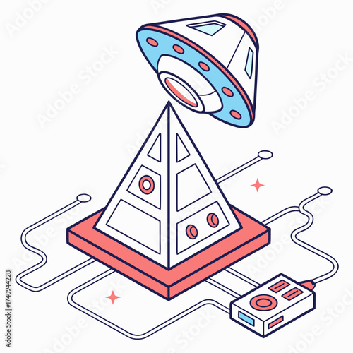 Vector art of isometric illustration of a ufo hovering over a pyramid with a control panel, ideal for technology, science fiction, or futuristic concepts
