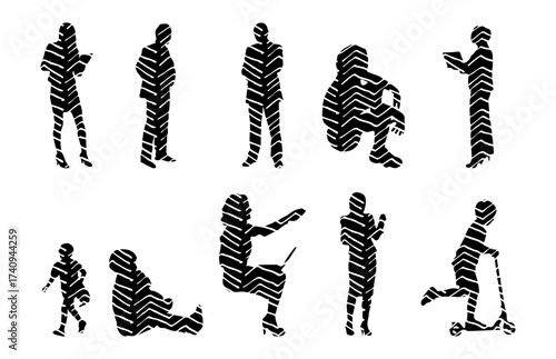 Vector illustration, Outline silhouettes of people, Contour drawing, people silhouette, Icon Set Isolated , Silhouette of sitting people, Architectural set
