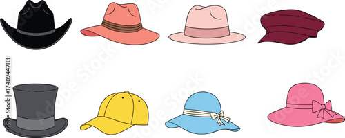 Collection of stylish hats illustration, cowboy hat, sun hat, baseball cap, top hat, fashion accessories, vintage retro design, modern casual style
