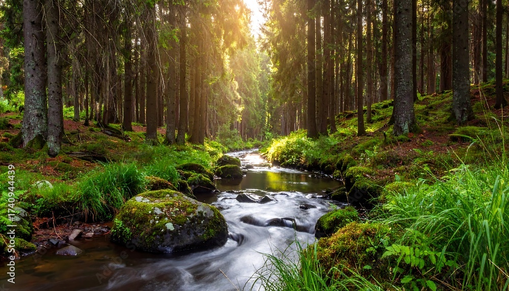 Obraz premium A scenic forest stream, sunlight streaming through towering trees and moss-covered rocks, creates a tranquil woodland scene