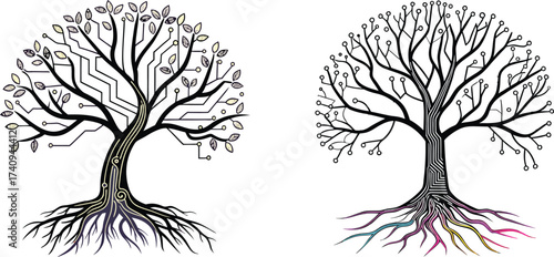 Innovative digital trees symbolizing growth and technology merging nature's wisdom with modern advancements for a connected future