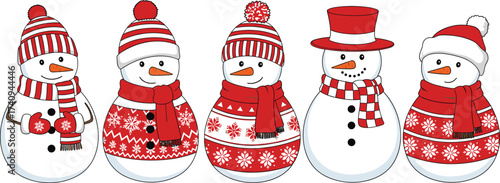 Cute snowmen family in red winter hats and scarves, Christmas snowman characters, festive holiday decoration illustration, seasonal winter cartoon clipart