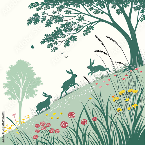Vector art of a whimsical illustration of hares running up a grassy hill with wildflowers and trees, , evoking a sense of springtime joy and natural beauty
