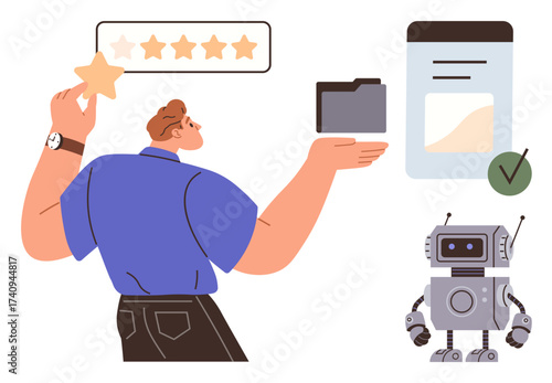 Man rating task with star while holding folder, robot and document enhancing productivity. Ideal for customer feedback, automation, task management, AI-driven solutions, workflow, innovation