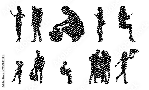 Vector illustration, Outline silhouettes of people, Contour drawing, people silhouette, Icon Set Isolated , Silhouette of sitting people, Architectural set