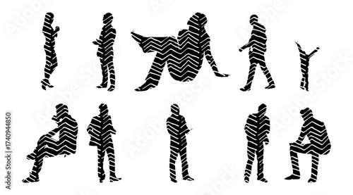 Vector illustration, Outline silhouettes of people, Contour drawing, people silhouette, Icon Set Isolated , Silhouette of sitting people, Architectural set