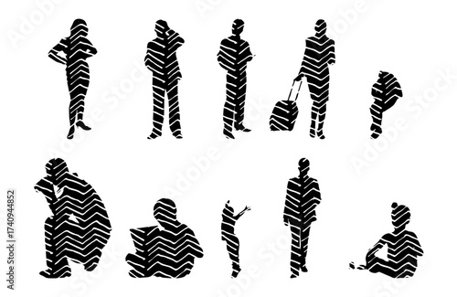 Vector illustration, Outline silhouettes of people, Contour drawing, people silhouette, Icon Set Isolated , Silhouette of sitting people, Architectural set