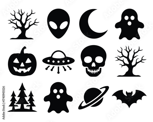 Set of 12 spooky silhouette icons vector graphics for halloween and sci-fi designs scalable eps silhouette vector illustration white background