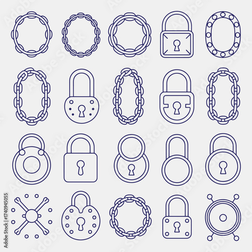 Collection of dark blue outline icons of locks and chain frames on a light gray background padlock