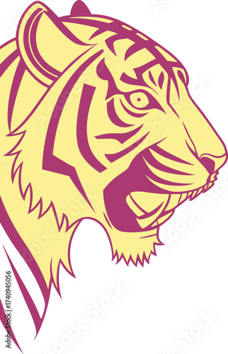 Dynamic tiger head profile conveying power and ferocity, perfect for sports teams or fierce brand mascots.