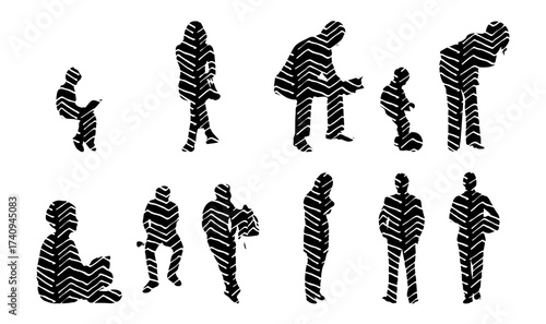 Vector illustration, Outline silhouettes of people, Contour drawing, people silhouette, Icon Set Isolated , Silhouette of sitting people, Architectural set
