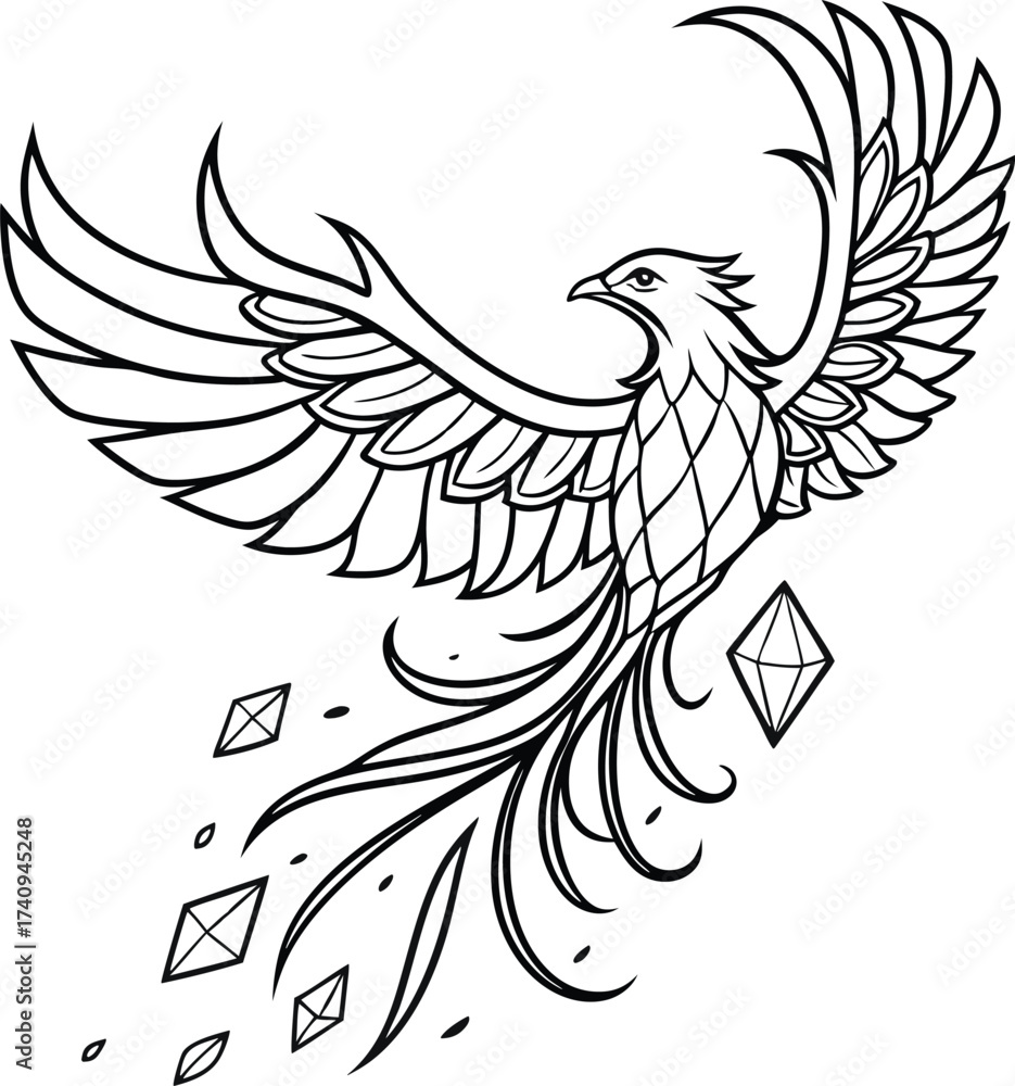 Fototapeta premium Majestic phoenix soaring with powerful wings and trailing gems, symbolizing rebirth and resilience in a dynamic, elegant design.