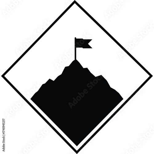 Mountain Peak with Flag in Diamond Frame Icon success achievement goal target challenge climb summit top vector illustration symbol