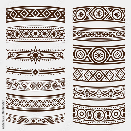 Collection of brown tribal geometric patterns and borders on a light background ethnic