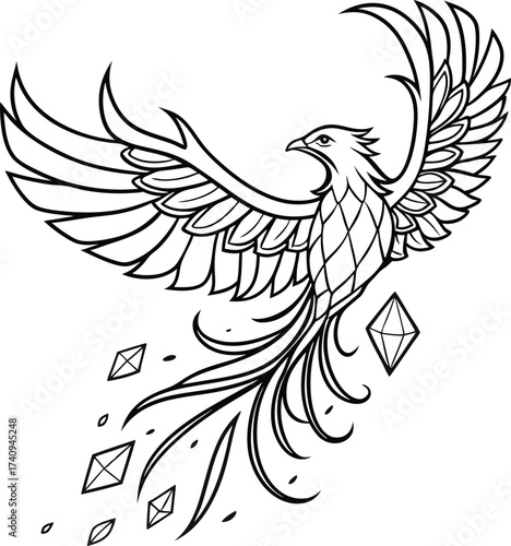 Majestic phoenix soaring with powerful wings and trailing gems, symbolizing rebirth and resilience in a dynamic, elegant design.