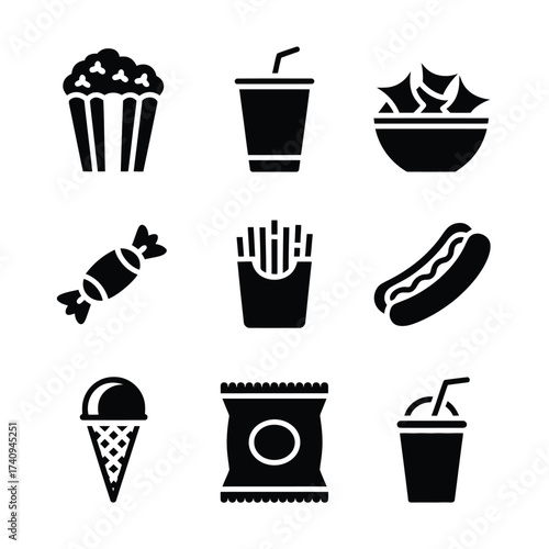 Set of 9 black and white icons representing popular fast food and snack items scalable vector graphic eps silhouette vector illustration white background