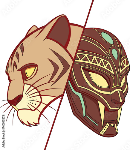Fierce tiger head merges with tribal mask, symbolizing wild spirit and cultural heritage in a striking artistic composition.