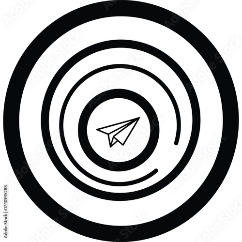 Paper Plane in Concentric Circles black white line art geometric minimalist abstract design illustration symbol icon communication