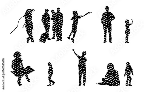 Vector illustration, Outline silhouettes of people, Contour drawing, people silhouette, Icon Set Isolated , Silhouette of sitting people, Architectural set