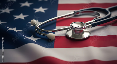 Stethoscope resting on the american flag, symbolizing healthcare in the united states and the importance of medical services