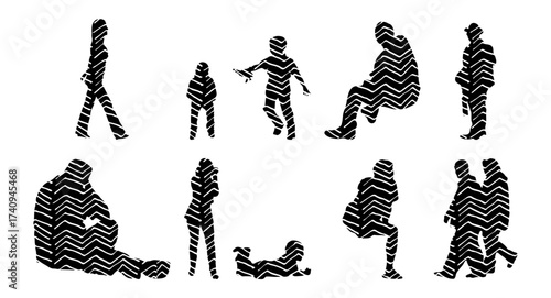 Vector illustration, Outline silhouettes of people, Contour drawing, people silhouette, Icon Set Isolated , Silhouette of sitting people, Architectural set