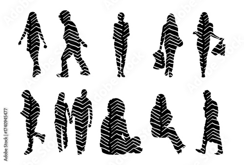 Vector illustration, Outline silhouettes of people, Contour drawing, people silhouette, Icon Set Isolated , Silhouette of sitting people, Architectural set