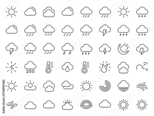 Complete set of 50 minimalist black weather icons scalable vector illustration for eps files silhouette vector illustration white background
