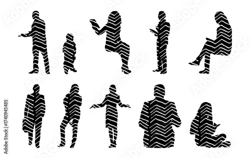 Vector illustration, Outline silhouettes of people, Contour drawing, people silhouette, Icon Set Isolated , Silhouette of sitting people, Architectural set