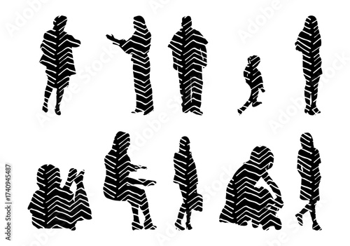 Vector illustration, Outline silhouettes of people, Contour drawing, people silhouette, Icon Set Isolated , Silhouette of sitting people, Architectural set