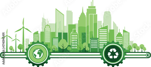 Green city skyline, eco urban landscape, renewable energy, wind turbines, recycling symbol, sustainable buildings, eco friendly future, smart city, environmental conservation
