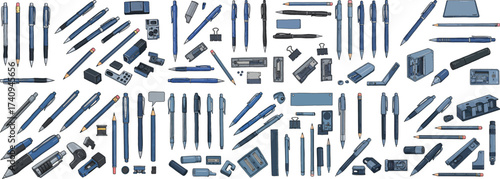 An array of blue pens and stationery items displayed creatively for artistic inspiration.