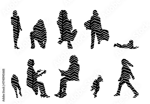 Vector illustration, Outline silhouettes of people, Contour drawing, people silhouette, Icon Set Isolated , Silhouette of sitting people, Architectural set