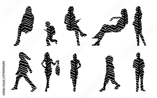 Vector illustration, Outline silhouettes of people, Contour drawing, people silhouette, Icon Set Isolated , Silhouette of sitting people, Architectural set