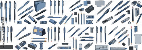 A diverse collection of blue stationery items, including pens, pencils, and office supplies.