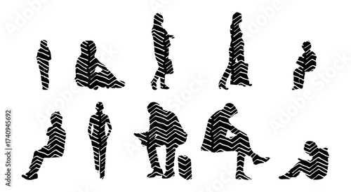 Vector illustration, Outline silhouettes of people, Contour drawing, people silhouette, Icon Set Isolated , Silhouette of sitting people, Architectural set