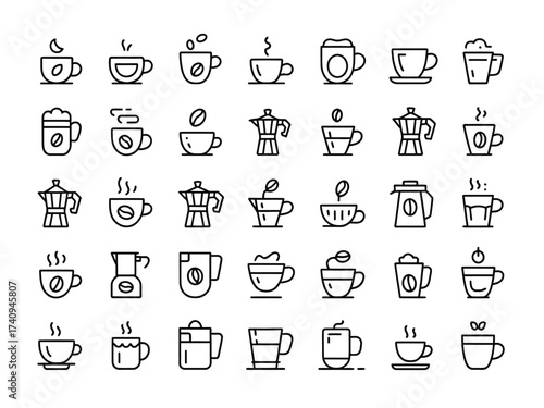 Collection of seventy minimalist coffee cup and coffee maker vector icons for diverse design applications scalable silhouette vector illustration white background